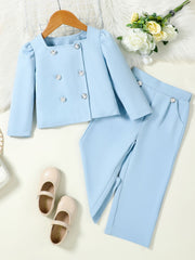 Toddler blue double-breasted blazer set with decorative buttons and matching pants.