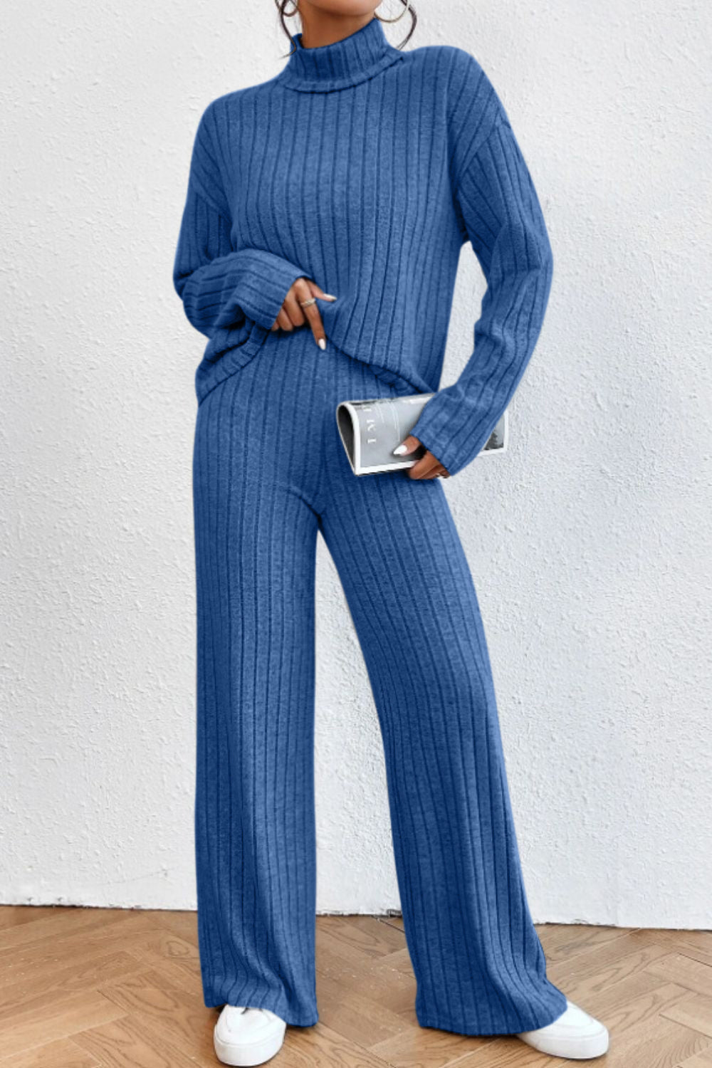 Ribbed knit turtleneck lounge set in sky blue with wide leg pants and long sleeves.