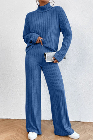 Ribbed knit turtleneck lounge set in sky blue with wide leg pants and long sleeves.
