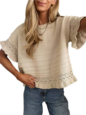 Khaki knit top with crew neck, short sleeves, and delicate lace trim at hem and cuffs.