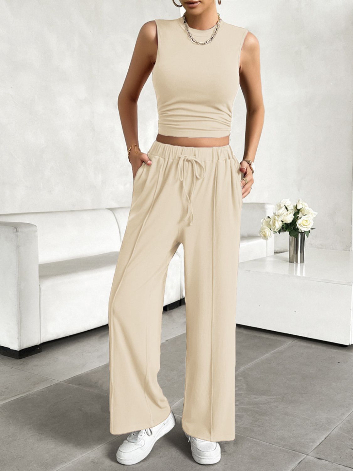 Tan ribbed crop top and wide-leg lounge pants set with drawstring waist