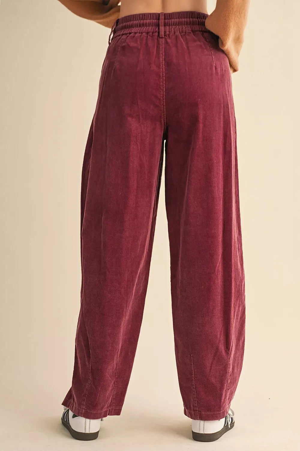 Elastic Waist Drawstring Corduroy Casual Pants in Burgundy, side view