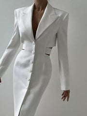 Button-down Blazer Dress With Cut-out Waist in White, close-up detail