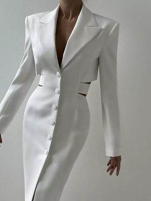 Button-down Blazer Dress With Cut-out Waist in White, close-up detail