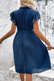 Deep Teal ruffled sleeve pleated midi dress with a belted waist.