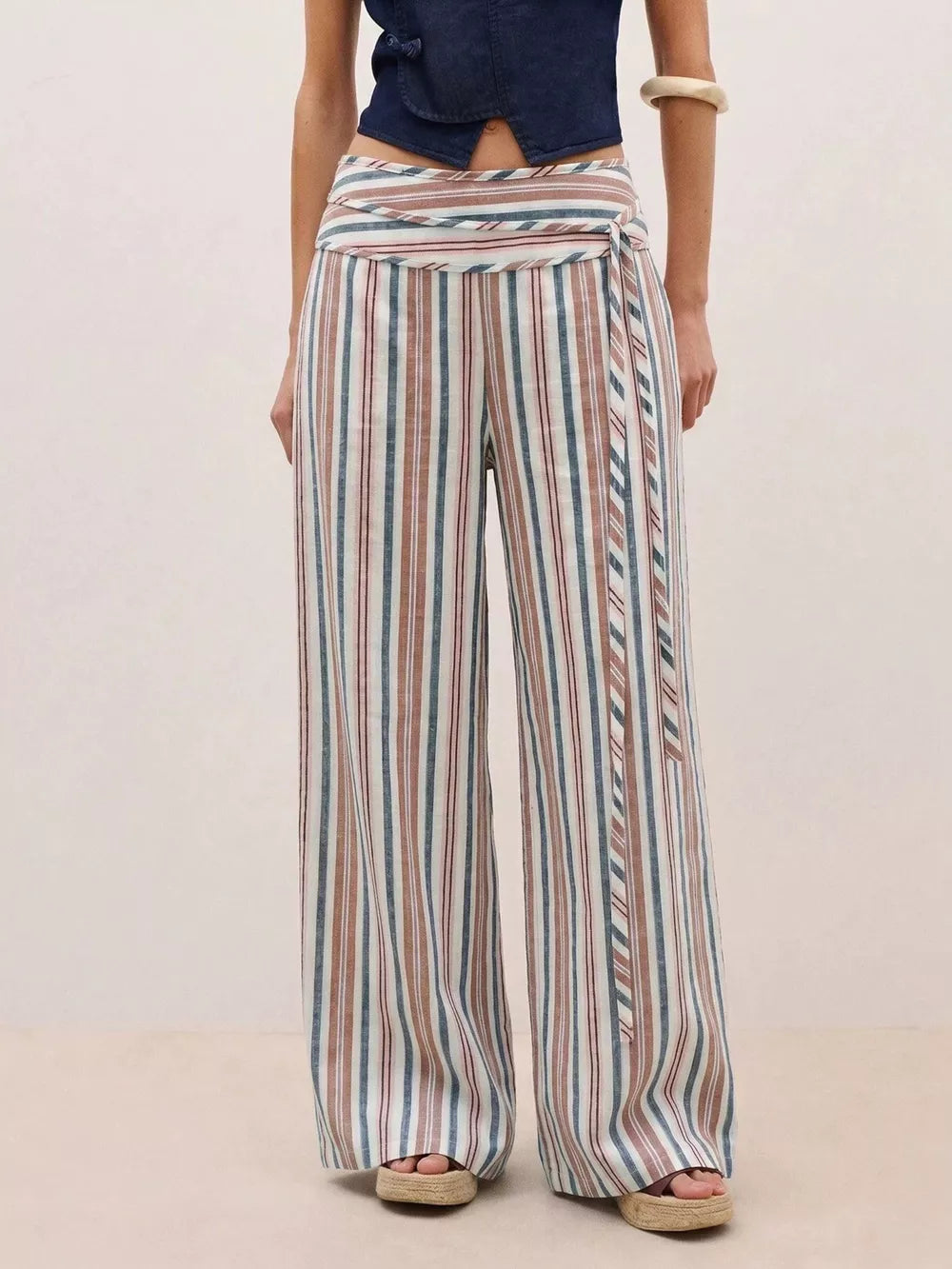Striped Wide-leg Pants With Tie Waist in Blue, back view