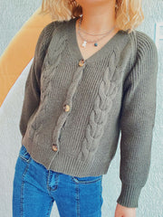 Sage cable knit raglan cardigan with button front and v-neck.
