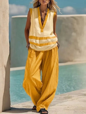 Striped Sleeveless Top And Wide-leg Pants Set, fit detail