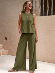 Army green linen tank and palazzo pant set with a relaxed fit.