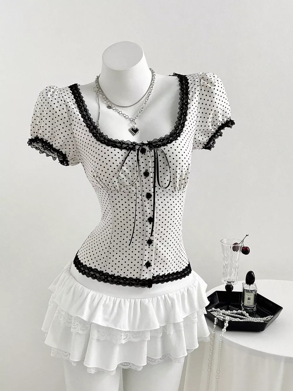 Polka Dot Lace Trim Puff Sleeve Top, front view