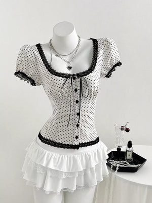 Polka Dot Lace Trim Puff Sleeve Top, front view