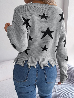 Gray star print knit sweater with distressed hem