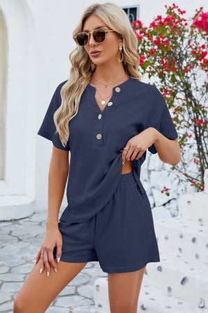 Dark blue waffle knit henley short set with button detail