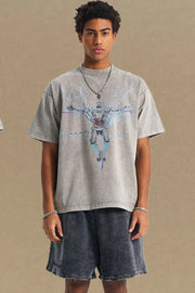 Gray acid wash oversized graphic tee with a robot and chain print.