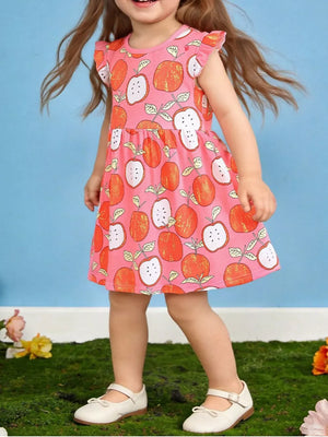 Baby dress with playful apple print, ruffle sleeves, and cotton fabric.