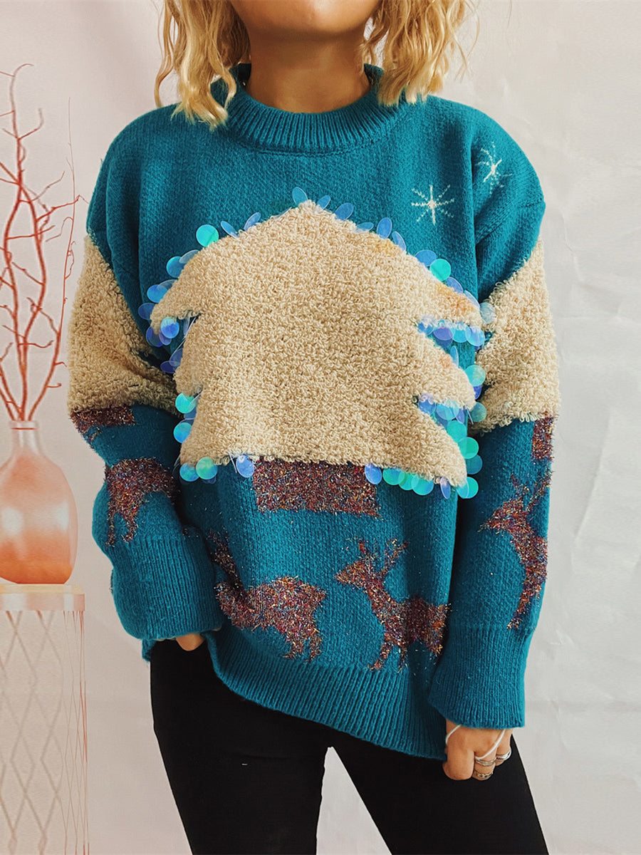 Sky blue acrylic sweater with sequin-trimmed Christmas tree and reindeer graphic.