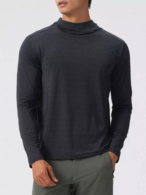 Men's black cotton long sleeve hoodie with a cowl neck detail