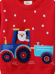 Red crew neck sweatshirt with Santa driving a blue tractor and a reindeer in the trailer.