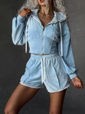 Zip Up Hooded Outerwear And Shorts Set, front view