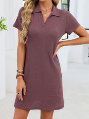 Polo collar short sleeve waffle knit dress in a mauve pink color.
