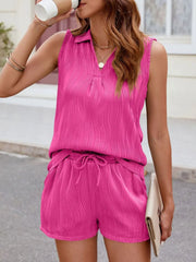 Hot Pink textured wave collar sleeveless top and drawstring shorts set.