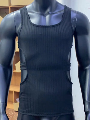 Black ribbed tank top with square neckline and side cutouts with strap detail.