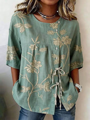 Embroidered Floral Tie Front Shirt Plus Size in Blue, front view
