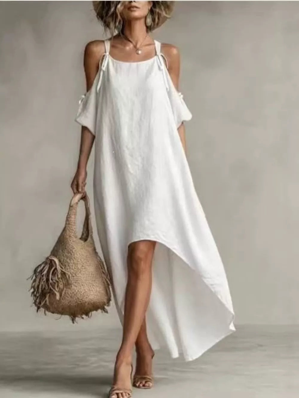 High-low Cold Shoulder Maxi Dress in White, close-up detail