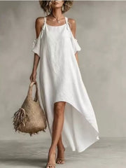 High-low Cold Shoulder Maxi Dress in White, close-up detail