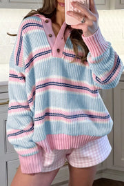 Striped Button Collar Long Sleeve Knit Sweater in Light Blue, front view