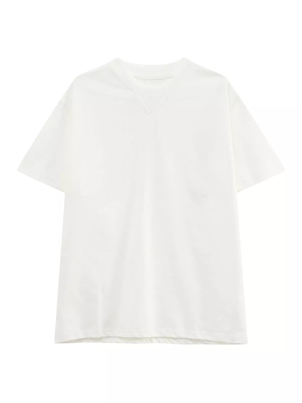 White cotton spandex casual tee with round neck and short sleeves.