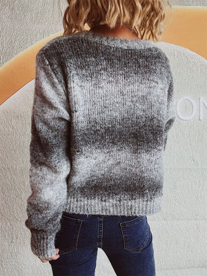 Gray ombre knit cardigan with crew neck and button detail, acrylic blend.