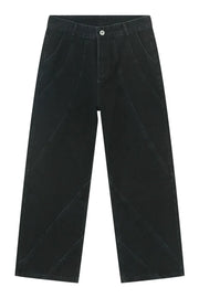 Dark denim trousers with sculpted seam detailing and a wide leg.