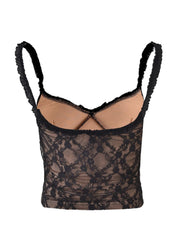 Black lace cami with ruffled straps and a nude lining.