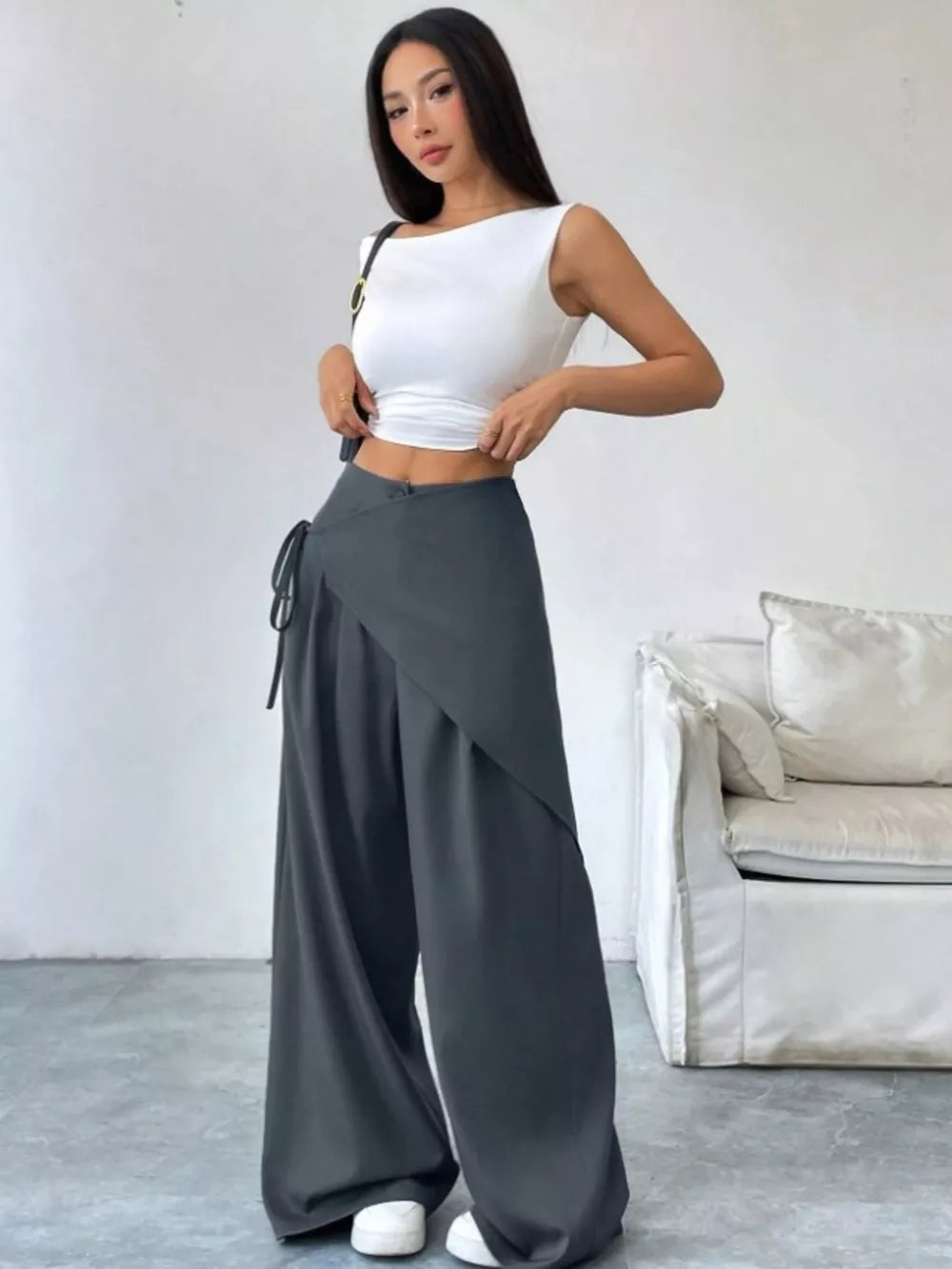 Chic high-waisted dark gray wide-leg maternity pants with tie detail