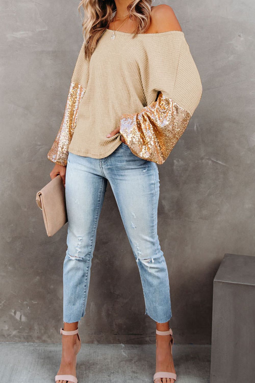 Tan waffle knit off-shoulder top with sequin bell sleeves