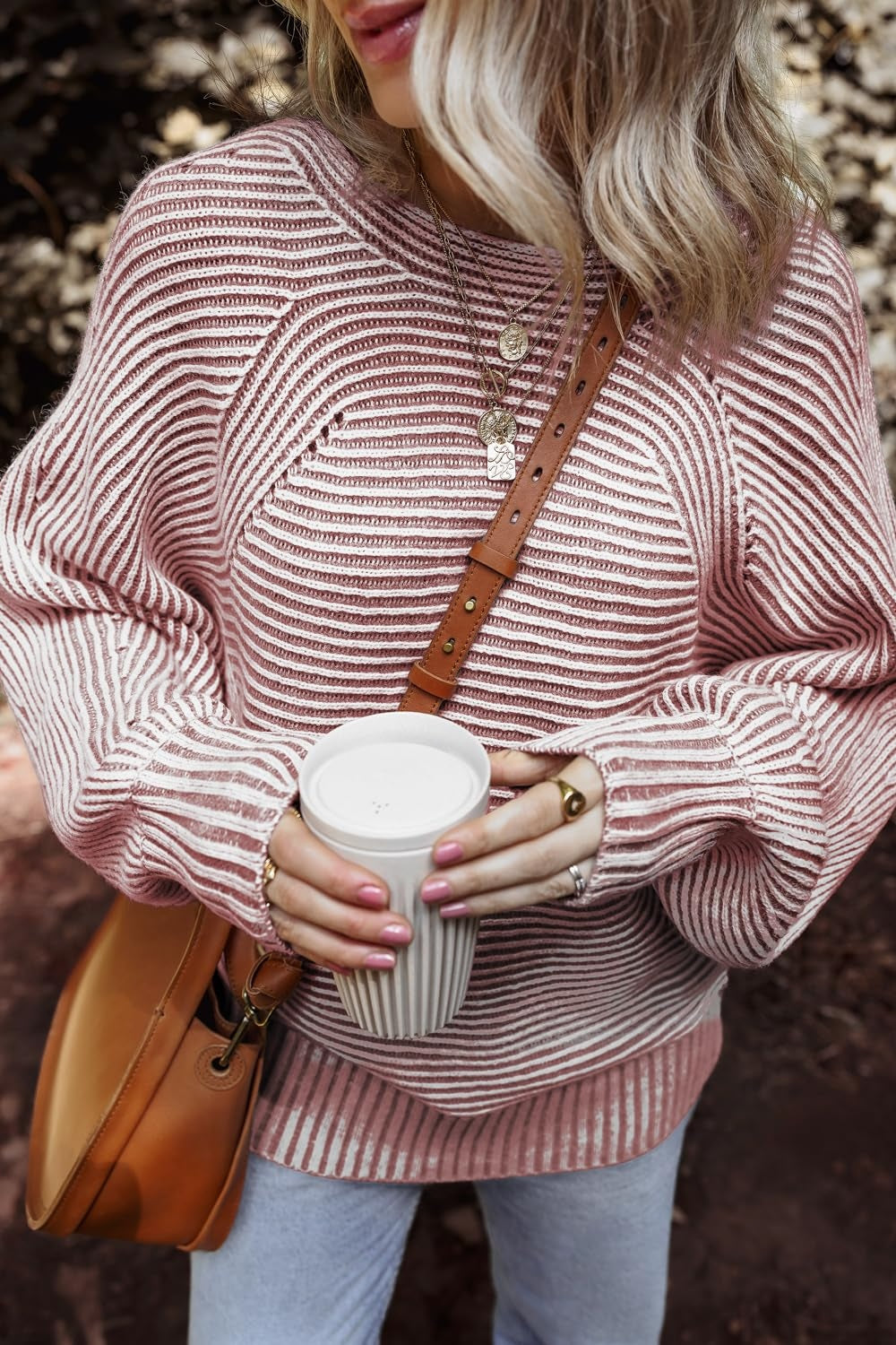 Textured stripe batwing knit sweater in Dusty Pink with a crew neck and relaxed fit.