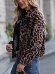 Leopard print zip-up jacket with faux fur texture and a casual fit.