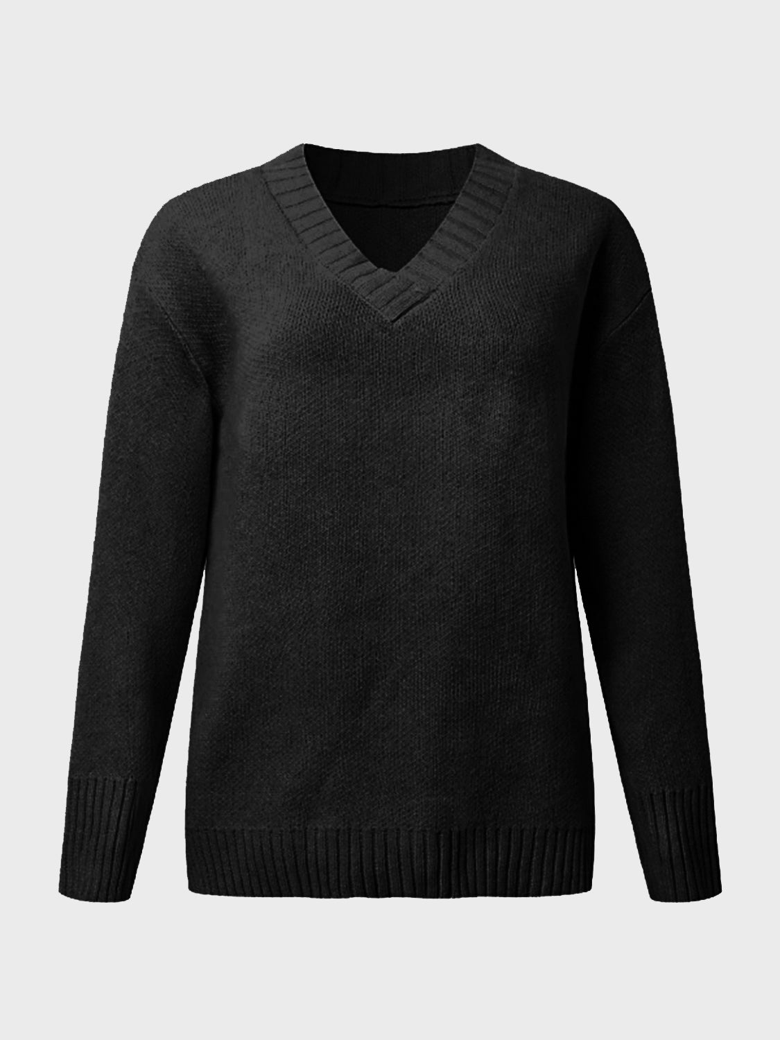 Black v-neck knit sweater with ribbed trim on neckline, cuffs, and hem.