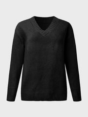 Black v-neck knit sweater with ribbed trim on neckline, cuffs, and hem.