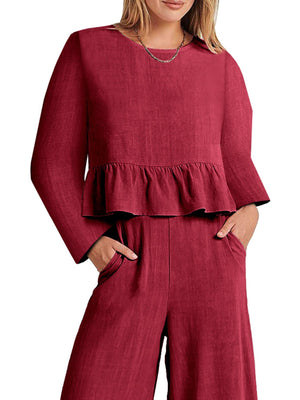 Red ruffled hem two-piece set with pockets and long sleeves.