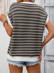 Gray striped short sleeve knit top with white trim and a crew neck.