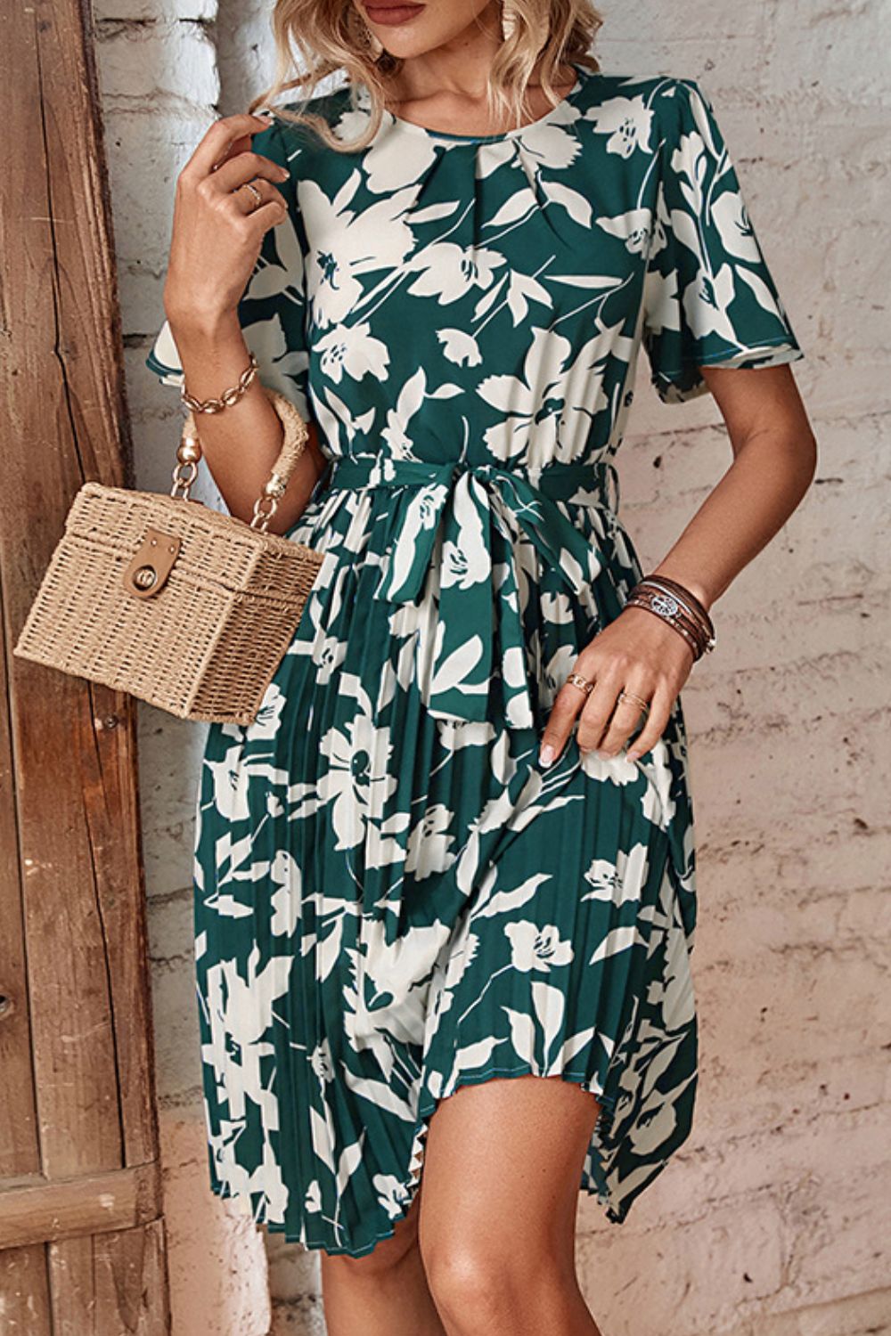 Forest floral pleated midi dress with flutter sleeves and belt