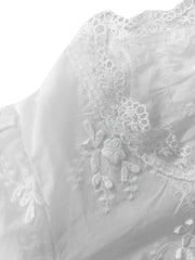 White lace trim balloon sleeve blouse with floral embroidery detail.