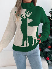 Green and cream colorblock acrylic knit sweater with reindeer graphic and turtleneck.