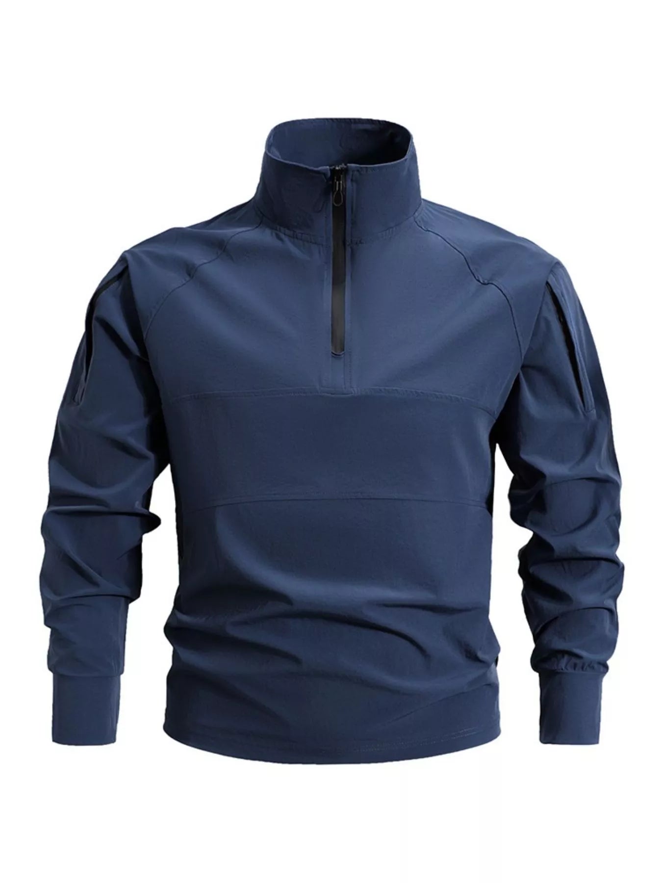 French Blue quick-dry half-zip sweatshirt with zippered pockets on sleeves.