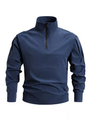 French Blue quick-dry half-zip sweatshirt with zippered pockets on sleeves.