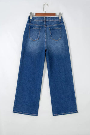 Seam-detail high-waisted wide-leg jeans in blue denim with two back pockets.