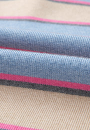 Beige knit polo sweater with blue, pink, and grey stripes.