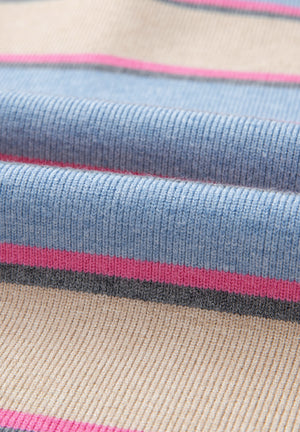 Beige knit polo sweater with blue, pink, and grey stripes.